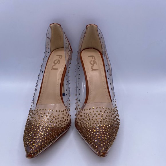 FSJ Brown Studded Pointed Toe Transparent Pumps - Picture 3 of 9